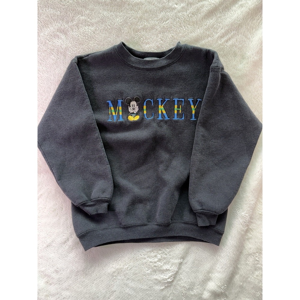 Vintage Mickey & Co Kids Black Mickey Mouse Disney Fleece Crewneck Embroidered M
